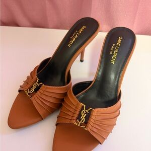 Saint Laurent Tan Leather Pleated Slide Heels with Gold YSL Accent